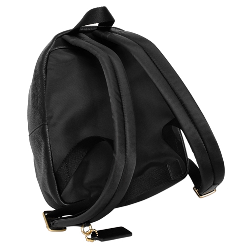 COACH黑色荔枝紋真皮毛呢口袋小款後背包