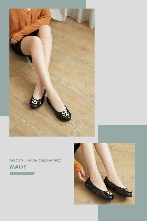 MAGY 甜美舒適 金屬造型飾扣鬆緊帶牛皮娃娃鞋-黑色