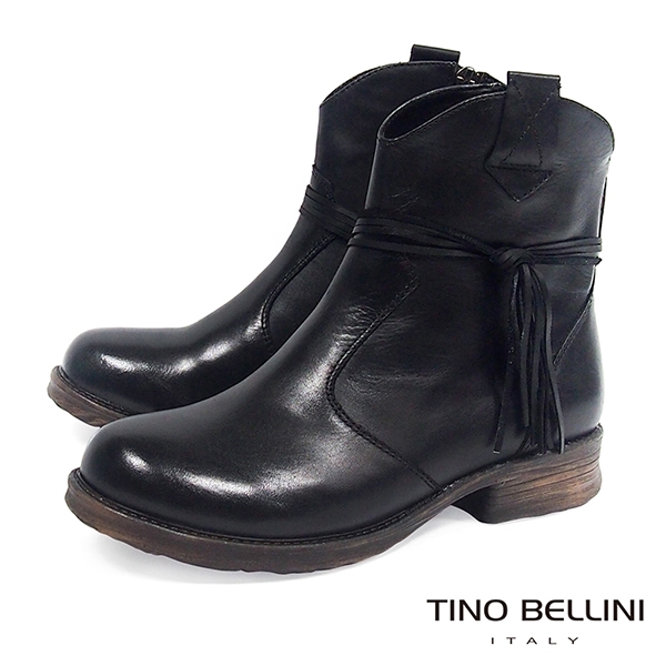 Tino Bellini不羈皮革綁繩低跟短靴_黑