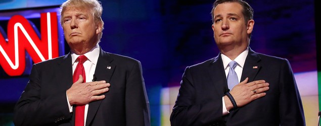 Donald Trump and Sen. Ted Cruz at a primary debate at the University of Miami. (Carolyn Cole/Los Angeles Times/Getty Images)