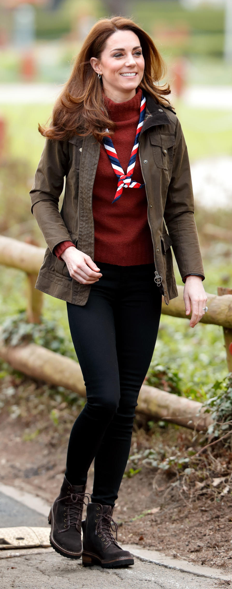 EPPING, UNITED KINGDOM - MARCH 28: (EMBARGOED FOR PUBLICATION IN UK NEWSPAPERS UNTIL 24 HOURS AFTER CREATE DATE AND TIME) Catherine, Duchess of Cambridge visits the Scouts' headquarters at Gilwell Park, to learn more about the organisation's new pilot scheme to bring Scouting to younger children on March 28, 2019 in Epping, England. The Duchess's visit to Gilwell Park also celebrates the site's 100th anniversary year. (Photo by Max Mumby/Indigo/Getty Images)