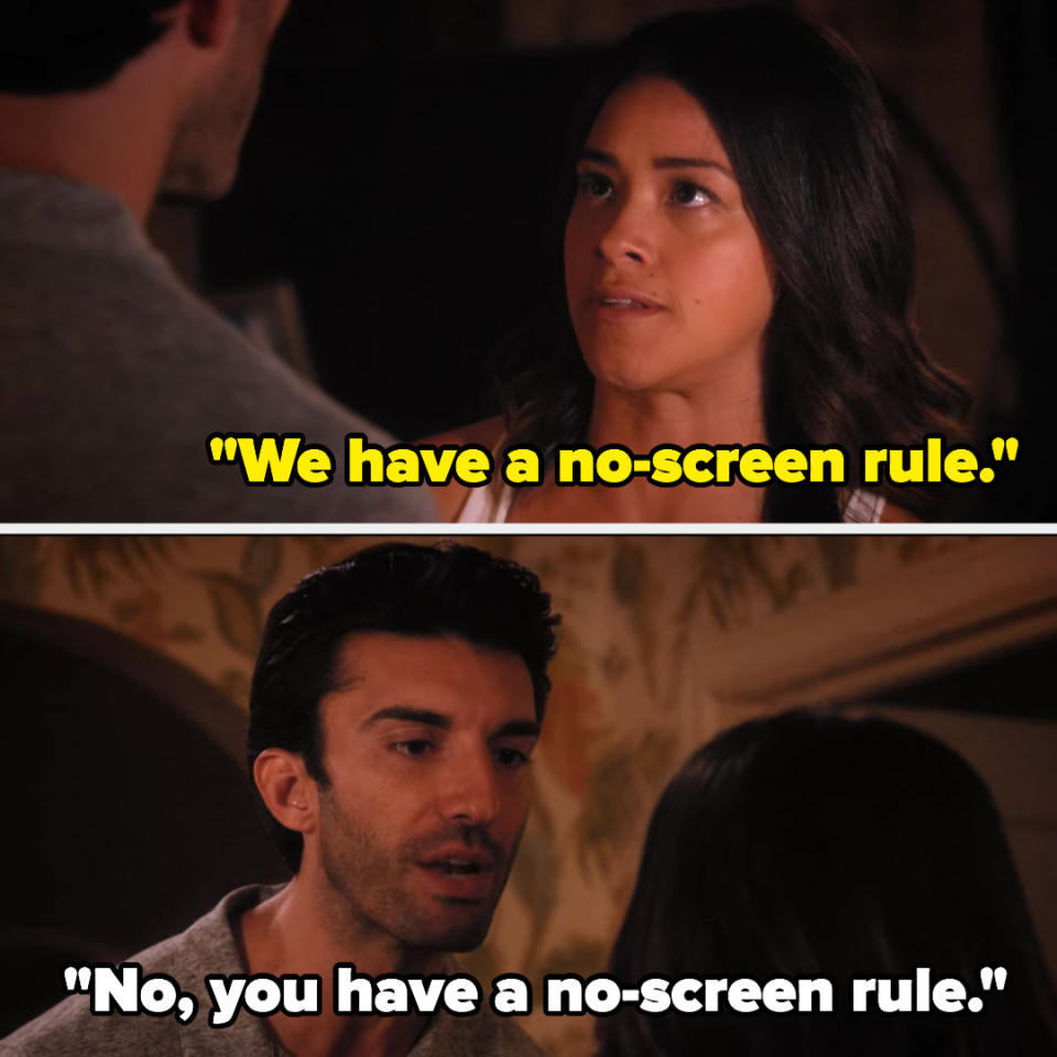 Jane saying, "We have a no-screen rule," and Rafael saying, "No, you have a no-screen rule."