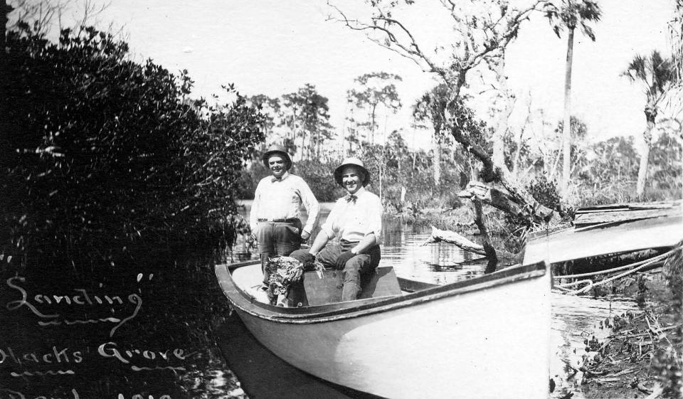 Robert H. West from Cincinnati, Ohio, and John Hachmeister in a fishing boat. The caption reads: “Landing, Hack’s Grove, April 1919.” Located at the back of Hachmeister's Grove in future Port Royal.