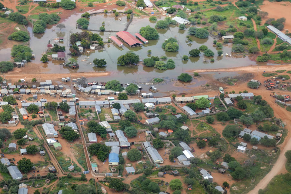 An aerial view shows a flooded area in Mandera County,Kenya, Wednesday, Dec. 13, 2023. (AP Photo/Brian Inganga)