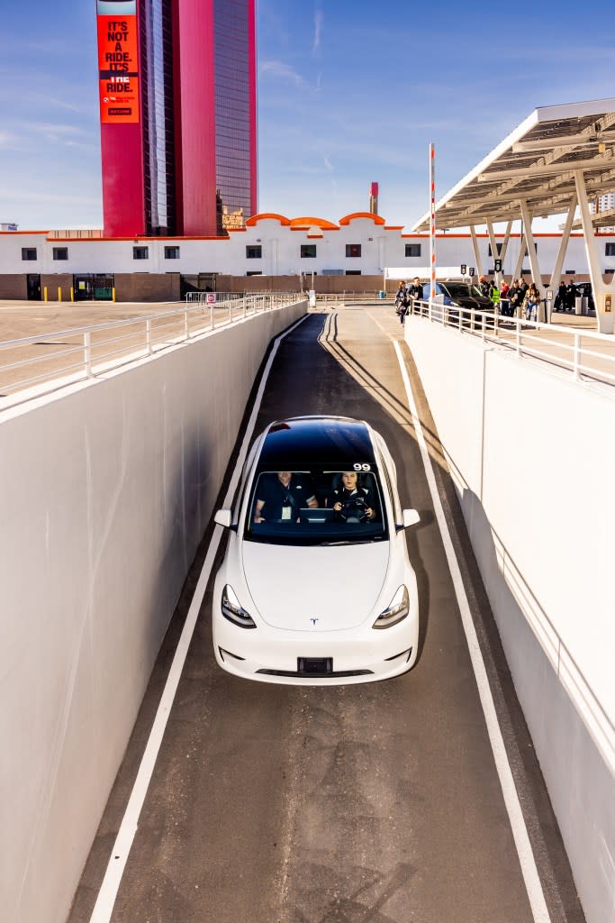 A Tesla approaches a tunnel at West Hall Station to transport convention attendees to a separate station on Oct. 31. Roger Kisby for Fortune