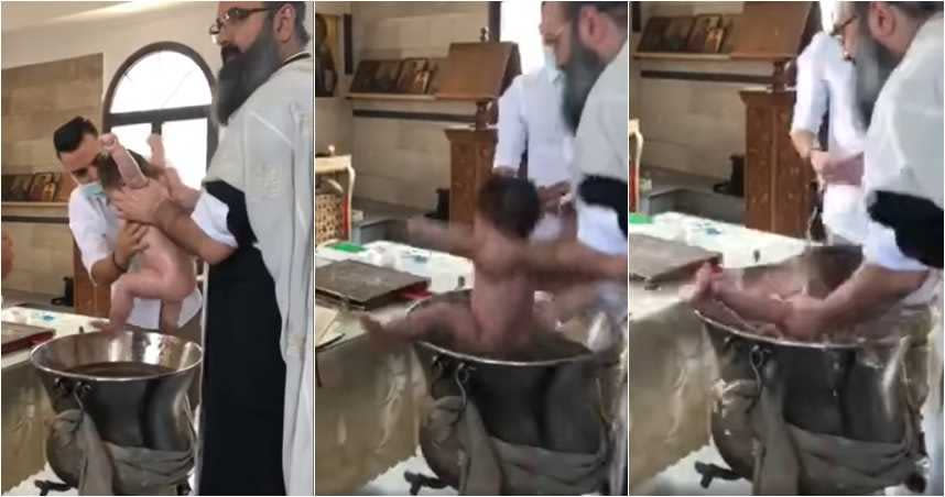 牧師為男嬰受洗時「溜手」沒抓好，導致小嬰兒腳撞到鐵盆又跌進水裡，嚇得放聲大哭。（圖／臉書Ntina Shitta）