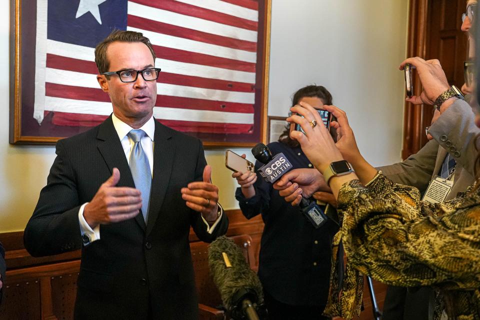 Speaker Dade Phelan speaks to media after the start of a third Special Session at the Texas Capitol on Monday, Oct. 9, 2023 in Austin.