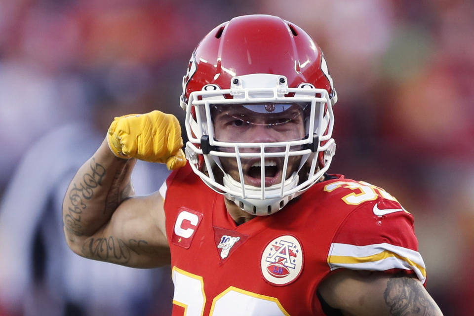 Kansas City Chiefs' Tyrann Mathieu reacts during the second half of the NFL AFC Championship football game against the Tennessee Titans Sunday, Jan. 19, 2020, in Kansas City, MO. (AP Photo/Charlie Neibergall)