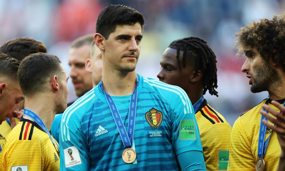 Thibaut Courtois with Belgium after their third-place play-off win over England.