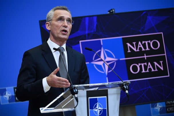 PHOTO: Secretary General Jens Stoltenberg talks during a press conference after the extraordinary meeting of NATO foreign ministers on Russia-Ukraine tensions at the NATO headquarters in Brussels, Jan. 7, 2022.  (John Thys/AFP via Getty Images)