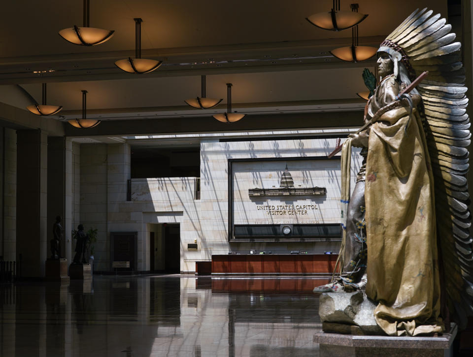 This June 29, 2021, photo shows the empty U.S. Capitol Visitor Center, closed since the COVID-19 shutdown in early 2020, is seen at the Capitol in Washington. (AP Photo/J. Scott Applewhite)