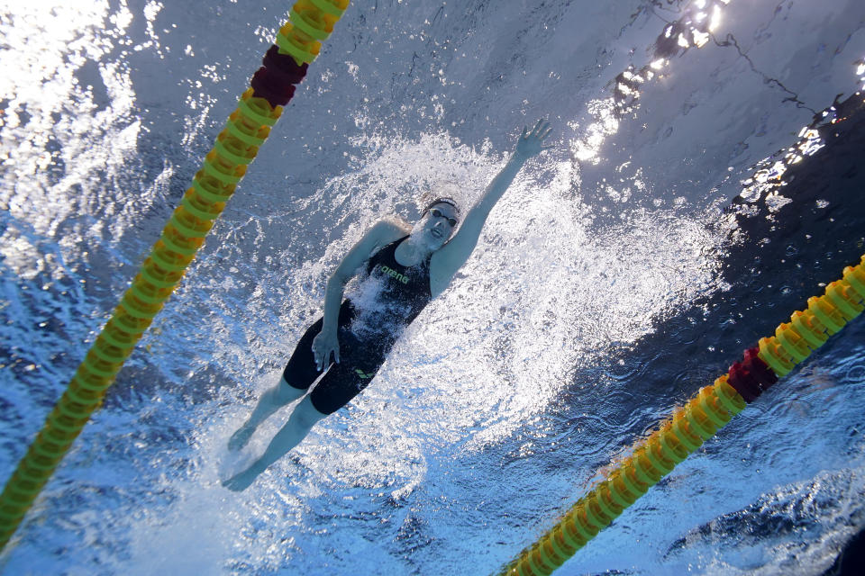 Germany's Celine Rieder swims in a 1,500-meter freestyle heat at the 2020 Summer Olympics, Monday, July 26, 2021, in Tokyo. (AP Photo/David J. Phillip)