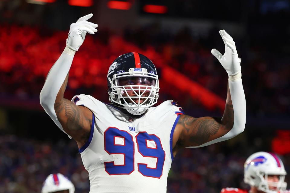 New York Giants defensive end Leonard Williams (99) reacts during the second half of an NFL football game against the Buffalo Bills in Orchard Park, N.Y., Sunday Oct. 15, 2023.