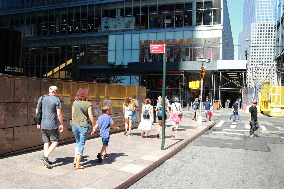 <p>People make their way down Cortlandt Street toward Church Street near the World Trade Center site on Aug. 12, 2017. (Photo: Gordon Donovan/Yahoo News) </p>