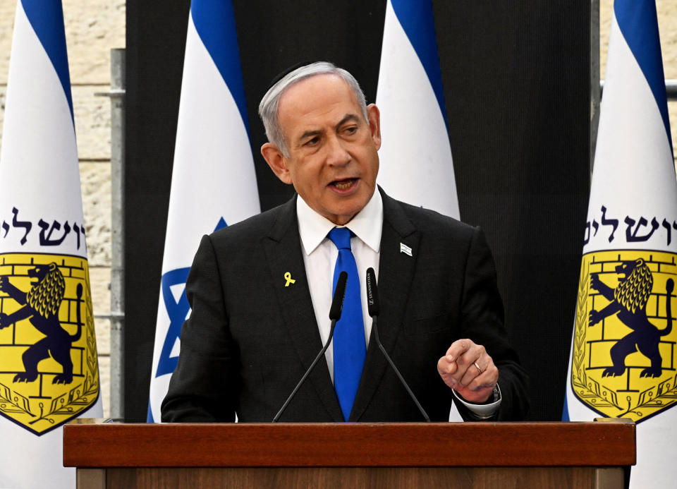 Israeli Prime Minister Benjamin Netanyahu delivers a speech in Jerusalem on the eve of Memorial Day to commemorate fallen soldiers on May 12, 2024. (Debbie Hill / AFP - Getty Images)