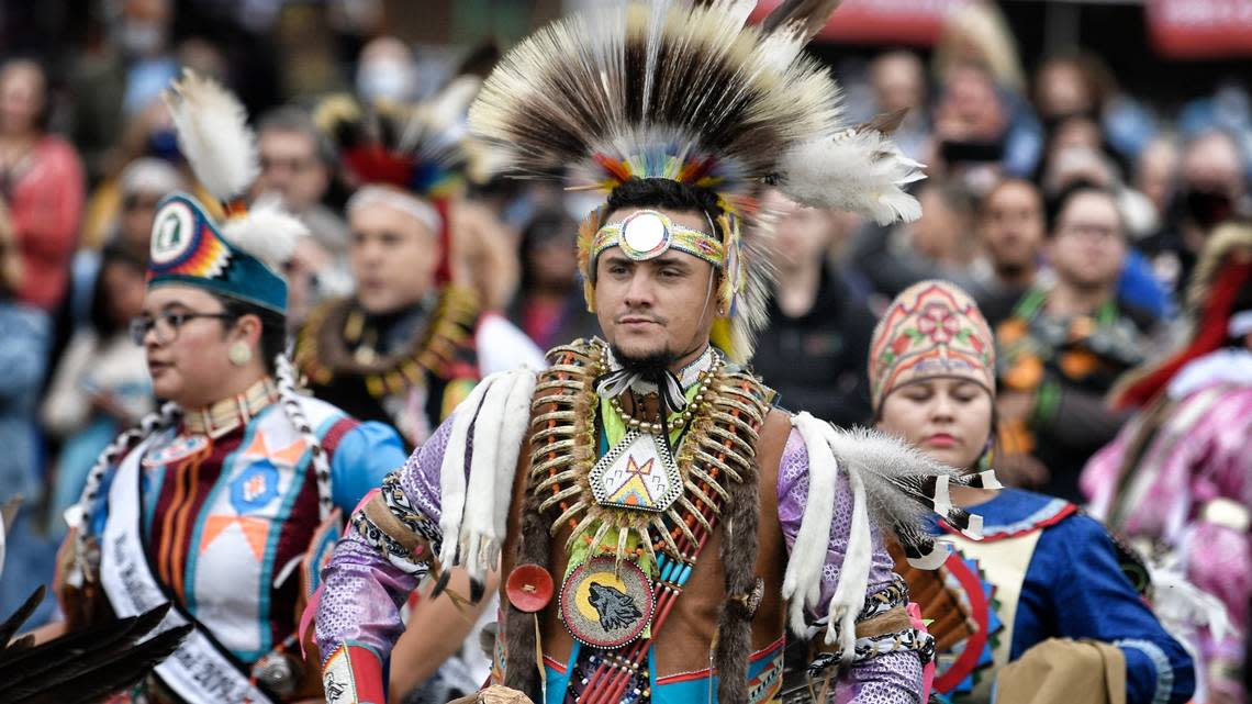 Brandon Locklear of the Halowi-Saponi tribe leads dancers at the first Inter-tribal Pow Wow celebrating the legacy and culture of North Carolina Indigenous communities!at Saturday, Oct. 23, 2021 at Raleigh’s Dix Park.