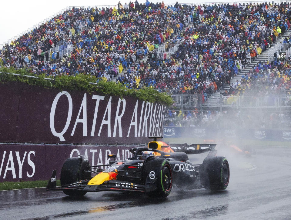 Red Bull Racing driver Max Verstappen, of the Netherlands, drives through the Senna corner at the Formula 1 Canadian Grand Prix auto race in Montreal, Sunday, June 9, 2024. (Ryan Remiorz/The Canadian Press via AP)