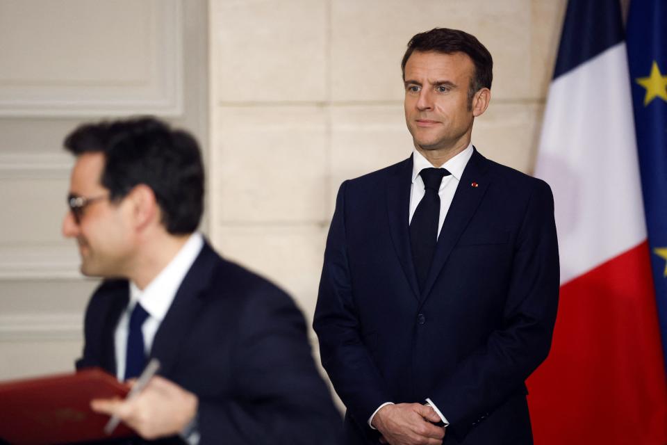 French President Emmanuel Macron attends an agreement signing ceremony at the Elysee Palace, in Paris on February 27, 2024. Macron and the Emir of Qatar take stock of current efforts to secure a ceasefire and the release of hostages in Gaza, as well as ways of speeding up the implementation of a Palestinian state in order to bring a lasting end to the conflict.