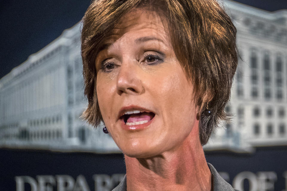 <p> FILE - In this June 28, 2016, file photo, then-Deputy Attorney General Sally Yates speaks at the Justice Department in Washington. On Monday, Jan. 30, 2017, President Donald Trump fired acting Attorney General Sally Yates after she ordered Justice Department lawyers to stop defending refugee ban. (AP Photo/J. David Ake, File) </p>