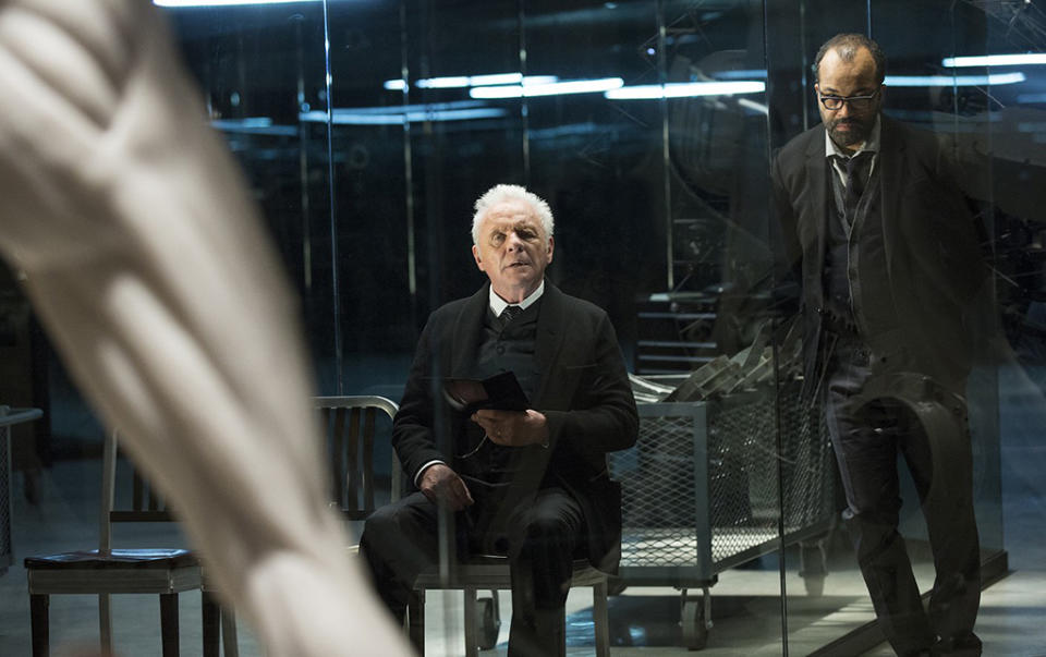 Anthony Hopkins as Dr. Robert Ford and Jeffrey Wright as Bernard Lowe