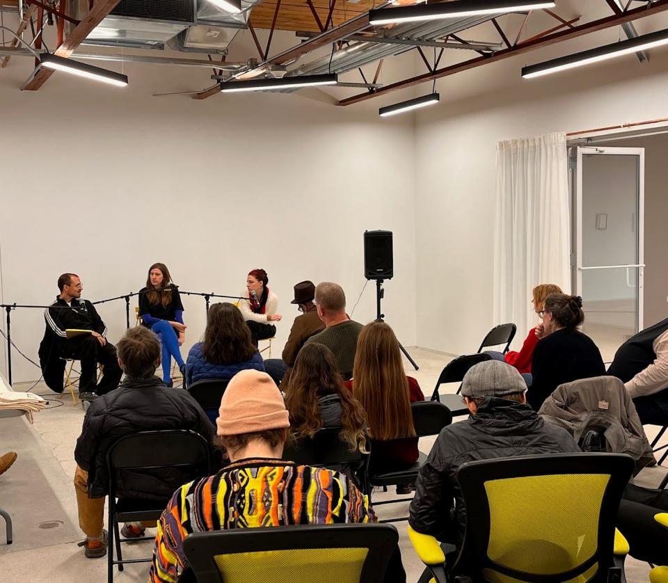 Author Joanne McNeil speaks with Fall River Museum of Contemporary Art founders Harry Gould Harvey IV and Brittni Ann Harvey at a Nov. 25, 2023 book reading.