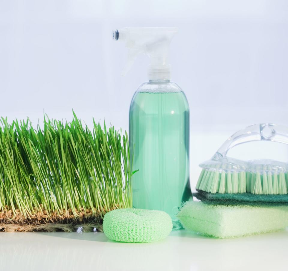 cleaning supplies beside grass