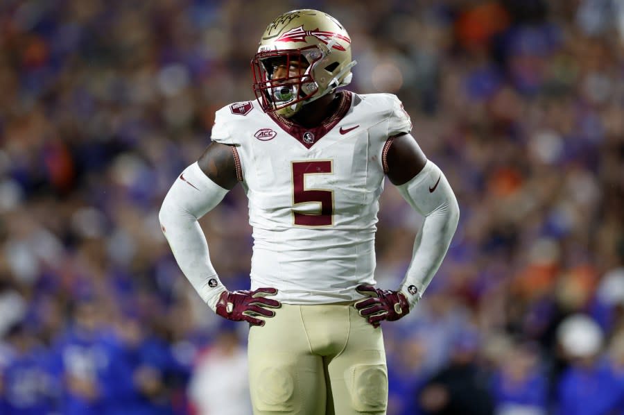 GAINESVILLE, FL – NOVEMBER 25: Florida State Seminoles defensive lineman Jared Verse (5) during the game between the Florida Gators and the Florida State Seminoles on November 25, 2023 at Ben Hill Griffin Stadium at Florida Field in Gainesville, Fl. (Photo by David Rosenblum/Icon Sportswire via Getty Images)