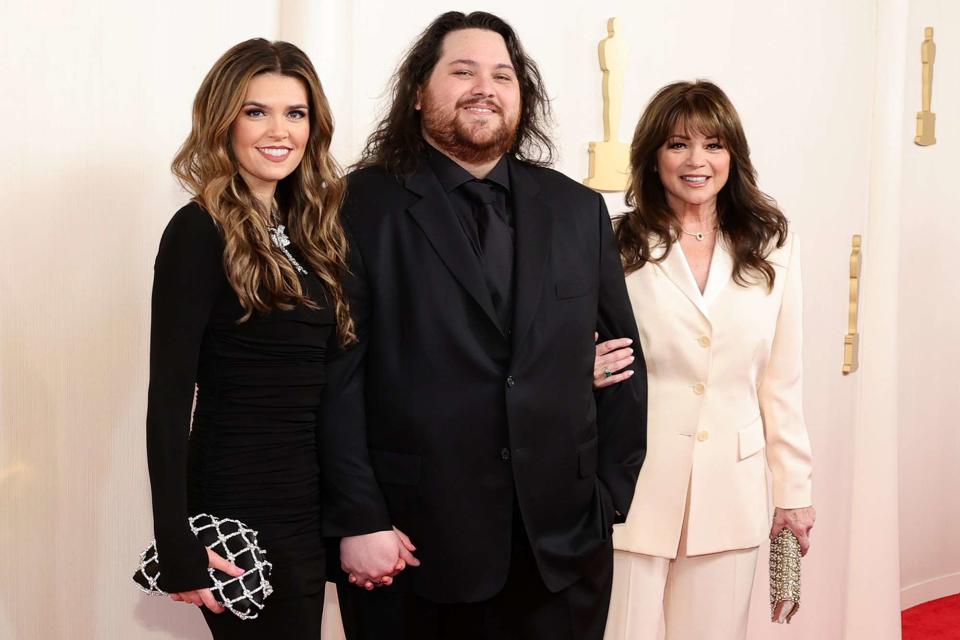 <p>Arturo Holmes/Getty</p> Andraia Allsop, Wolfgang Van Halen and Valerie Bertinelli at the Oscars 2024