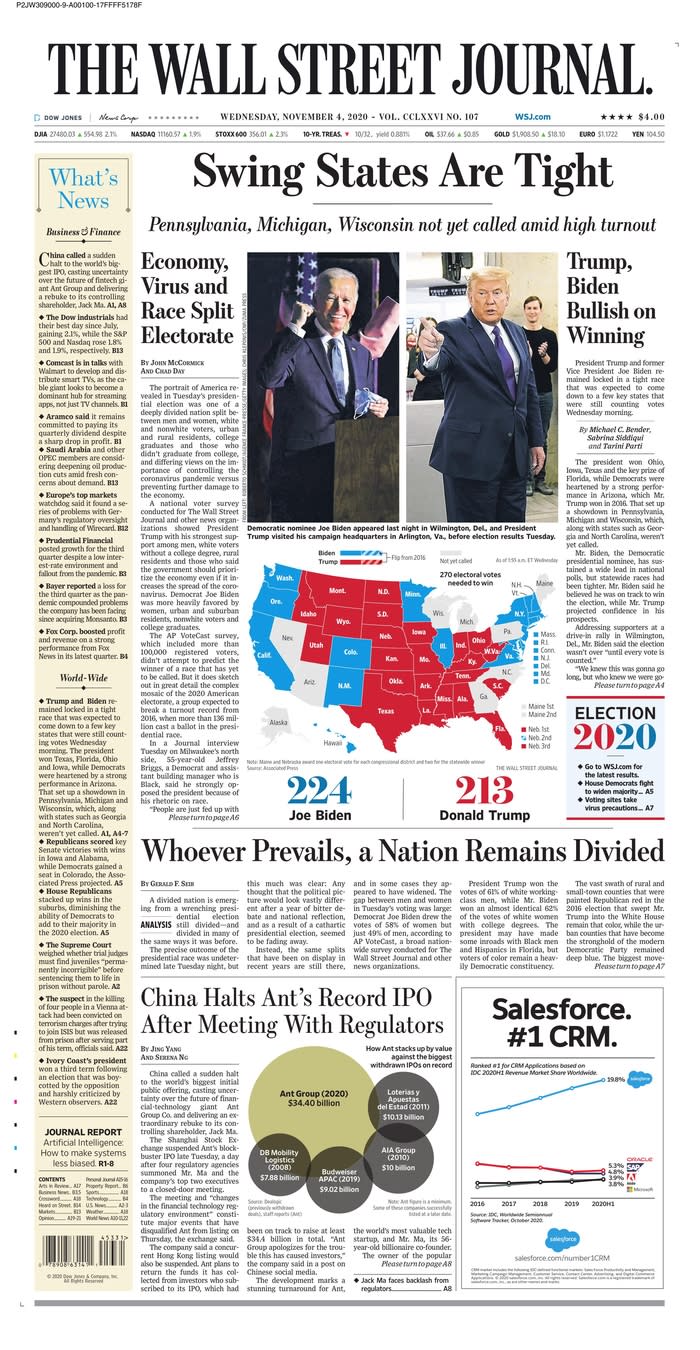 THE WALL STREET JOURNAL, Published in New York, N.Y. USA (Courtesy <a href="https://www.newseum.org/todaysfrontpages/" rel="nofollow noopener" target="_blank" data-ylk="slk:Newseum;elm:context_link;itc:0;sec:content-canvas" class="link ">Newseum</a>)