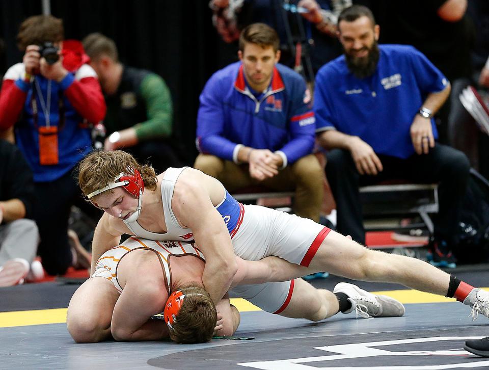 West Holmes' Elisha Baldridge wrestles Claymont's Wyatt Shaw during their 285 lbs. match at the OHSAA State Wrestling Championships Sunday, March 12, 2023 at the Jerome Schottenstein Center. . TOM E. PUSKAR/ASHLAND TIMES-GAZETTE