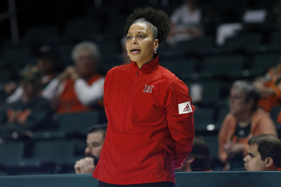 Miami Redhawks head coach Deunna Hendrix during an NCAA women's basketball game on Saturday, Nov. 30, 2019, in Miami. (AP Photo/Michael Reaves)