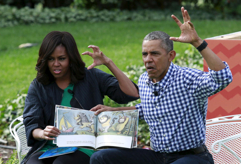 <p>President Barack Obama and first lady Michelle Obama perform a reading of the children’s book “Where the Wild Things Are” for children gathered for the annual White House Easter Egg Roll on the South Lawn of the White House in Washington, March 28, 2016. (Yuri Gripas/Reuters) </p>
