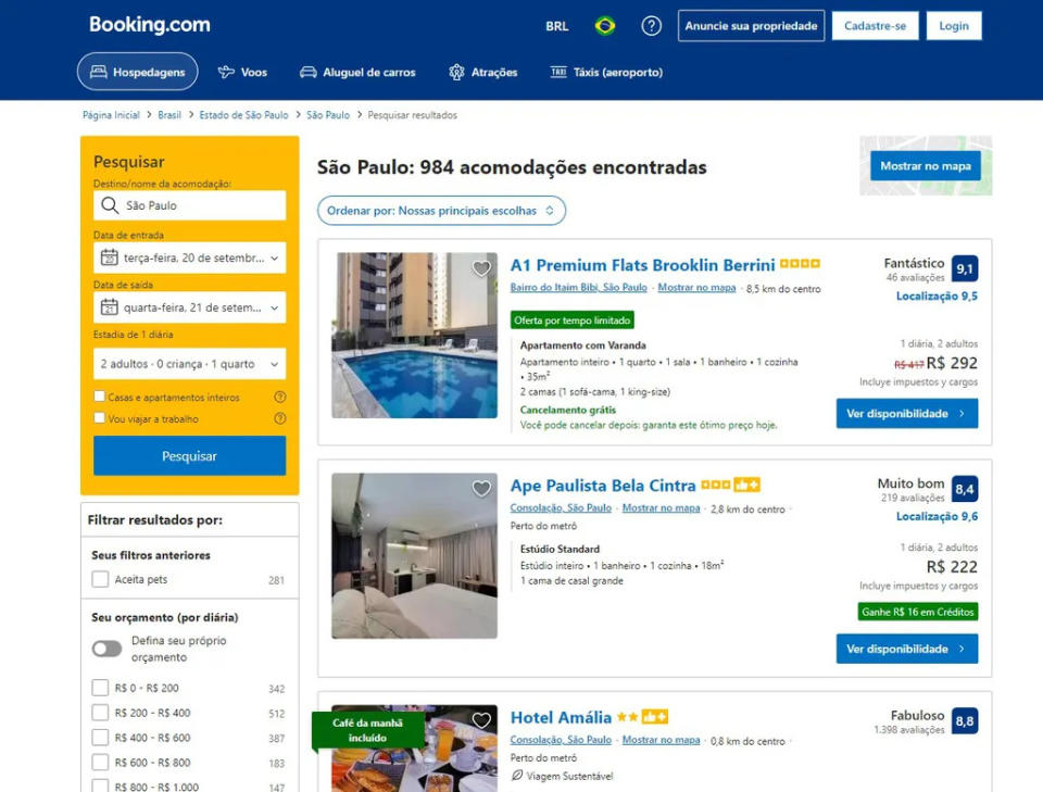 A especialidade do Booking são os quartos de hoteis, mas o site oferece também passagens, entradas de atrações e translados (Imagem: Captura de tela/Alveni Lisboa/Canaltech)
