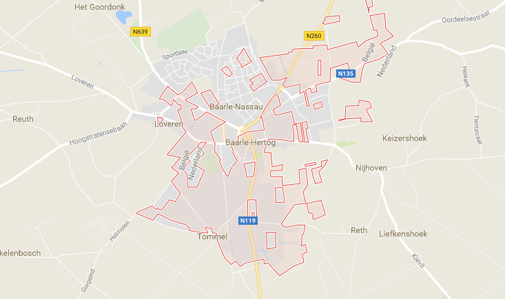 The complicated geography of Baarle-Nassau and Baarle-Hertog includes bits of the Netherlands inside a part of Belgium (pink) inside the Netherlands: Google Maps