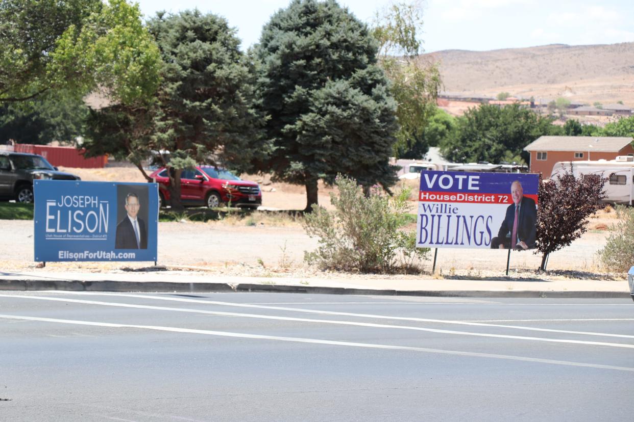 House District 72 has a Republican primary battle between Joseph Elison and Willie Billings both of whom haven't been elected to public office before but do have signs on display in Hurricane, UT. June 28, 2022.