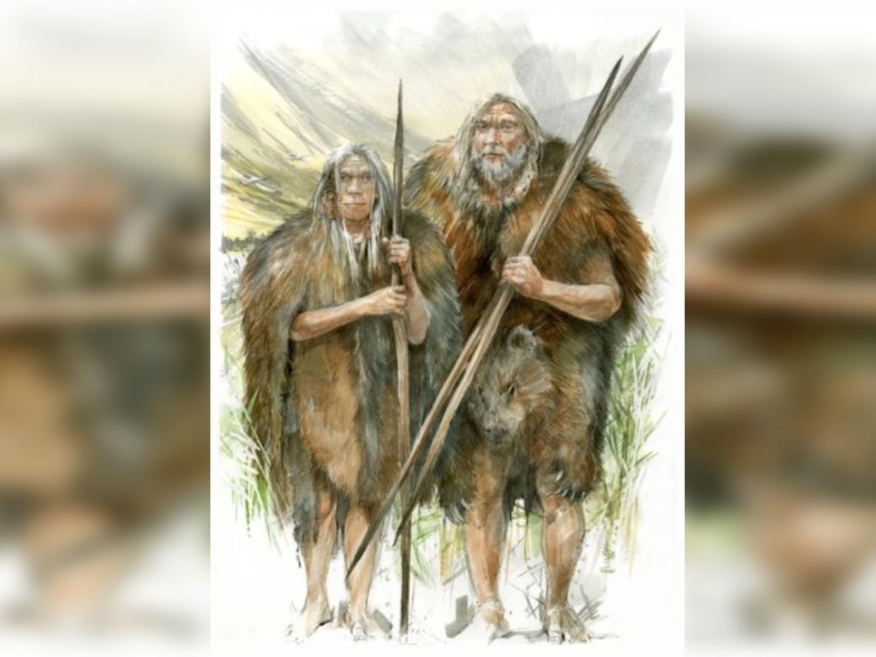 An illustration shows a couple of Stone Age humans holding tools and wearing bearskins.