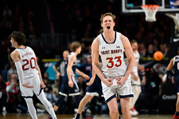 Luke Barrett #33 of the Saint Mary’s Gaels reacts in the final seconds of the championship game against the Gonzaga Bulldogs of the West Coast Conference basketball tournament at the Orleans Arena on March 12, 2024 in Las Vegas, Nevada. (Photo by David Becker/Getty Images)