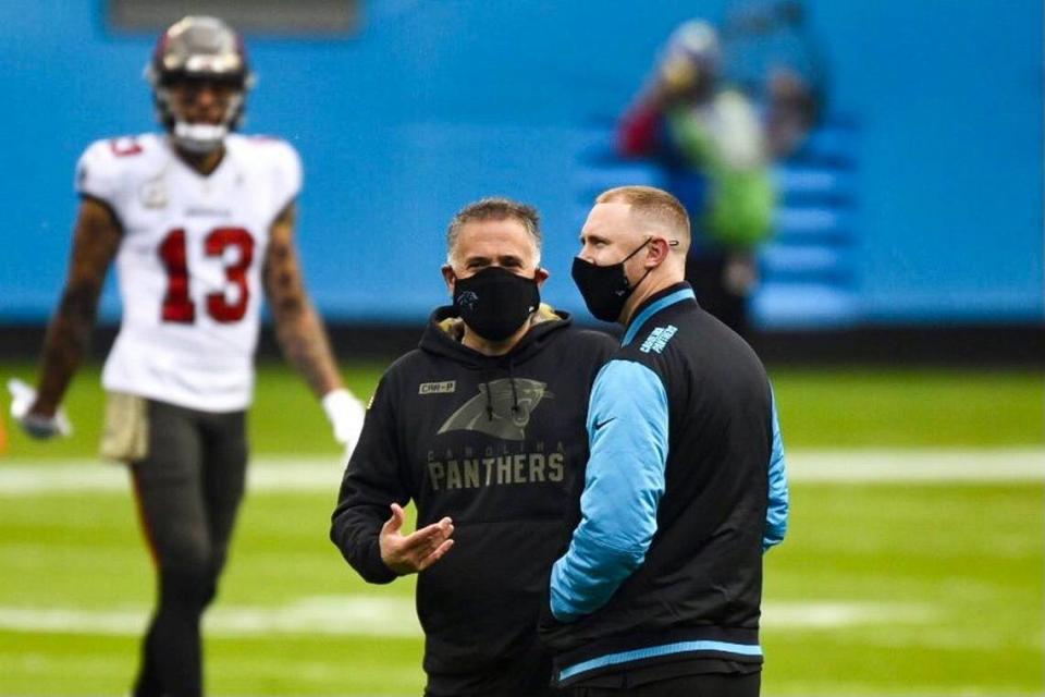 Head coach Matt Rhule and offensive coordinator Joe Brady talk during pregame as the Panthers prepare to take on the Tampa Bay Buccaneers at Bank of America Stadium in Charlotte, NC on Sunday, November 15, 2020.