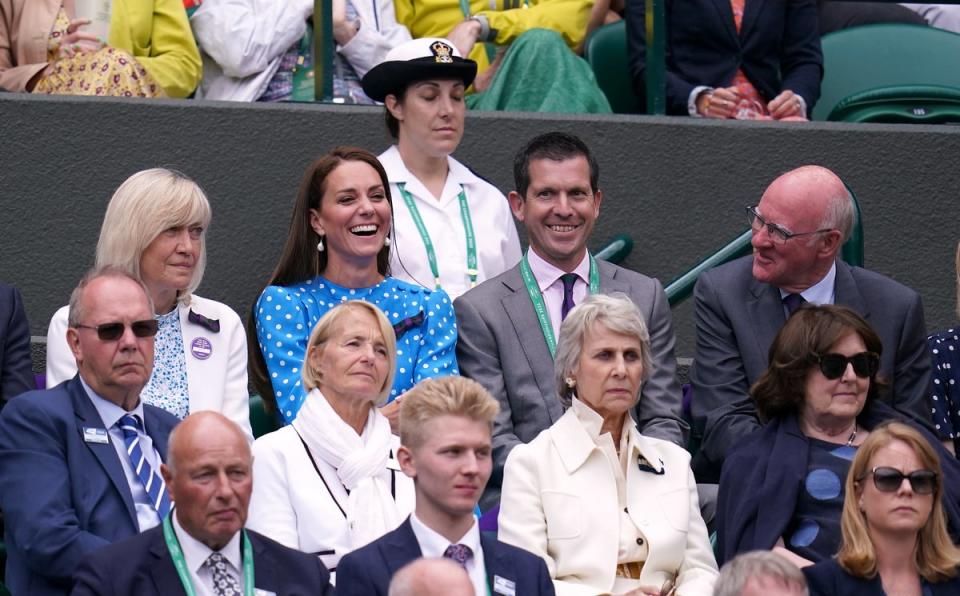 The Duchess of Cambridge alongside Tim Henman in the stands on court one watch the Gentlemen’s Singles quarter-final match between Cameron Norrie and David Goffin. (PA) (PA Wire)