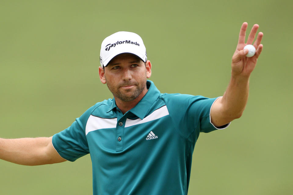 GREENSBORO, NC - AUGUST 20: Sergio Garcia of Spain reacts on the 18th green after winning the Wyndham Championship at Sedgefield Country Club on August 20, 2012 in Greensboro, North Carolina. (Photo by Hunter Martin/Getty Images)