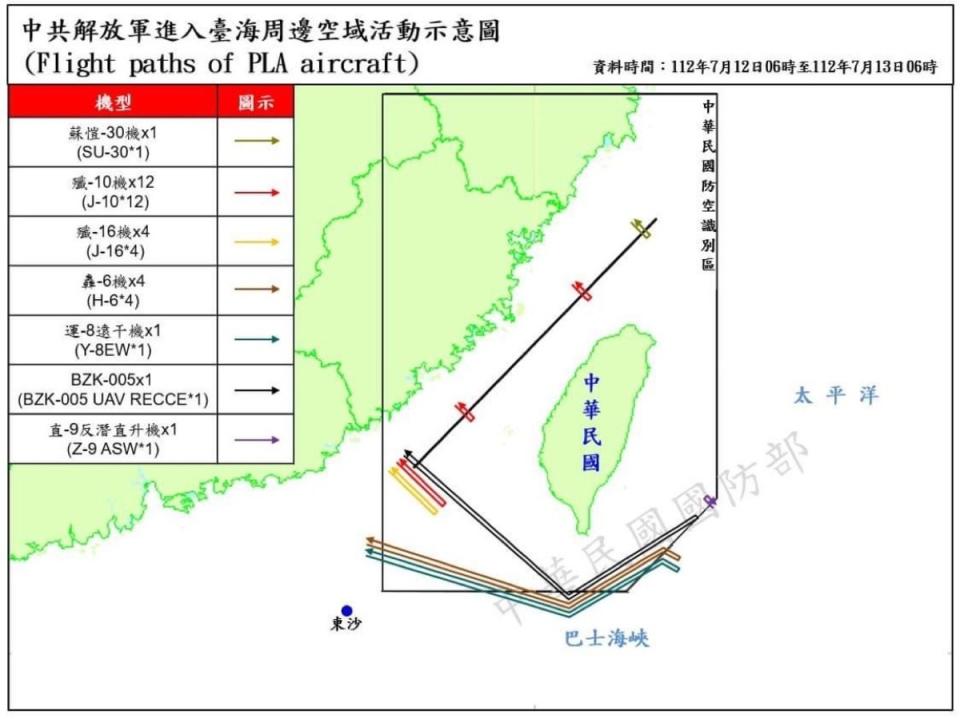 7月12日6時至13日6時，24架次共機越海峽中線 圖：國防部