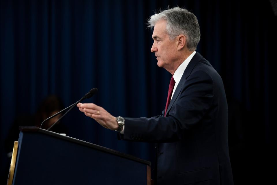 US Federal Reserve Board Chairman Jerome Powell holds a news conference after a Federal Open Market Committee meeting in Washington, DC, December 19, 2018. - The US central bank raised the benchmark borrowing rate on Wednesday, December 19, 2018 but gave the clearest sign to date that it will go slow on additional increases as it watches the economy. Powell said that politics "play no role whatsoever" in the central bank's decision making. President Donald Trump has repeatedly attacked the Fed on Twitter, calling it "foolish" for considering the fourth interest rate increase of the year. In addition, Powell told reporters that the more moderate outlook for US inflation allows the Fed "to be patient" with further interest rate increases. (Photo by Jim WATSON / AFP)        (Photo credit should read JIM WATSON/AFP via Getty Images)