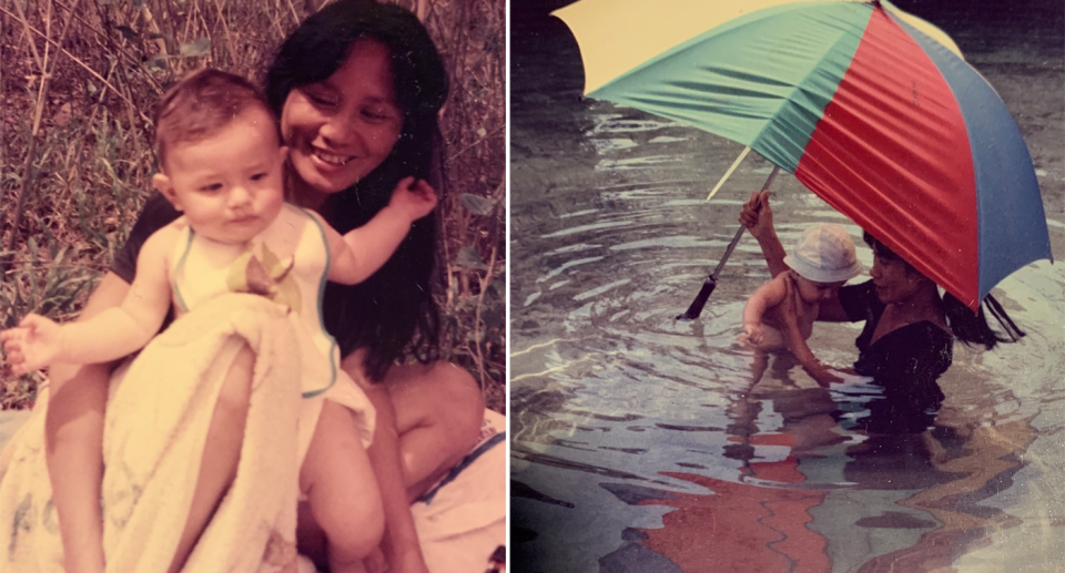 Jocelyn with her eldest daughter pictured in the water with her baby daughter in Nigeria. 