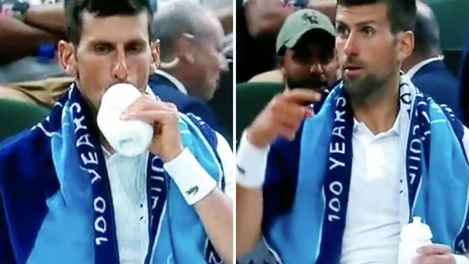 Novak Djokovic is pictured 'inhaling' a powdered substance from a drink bottle during Wimbledon.