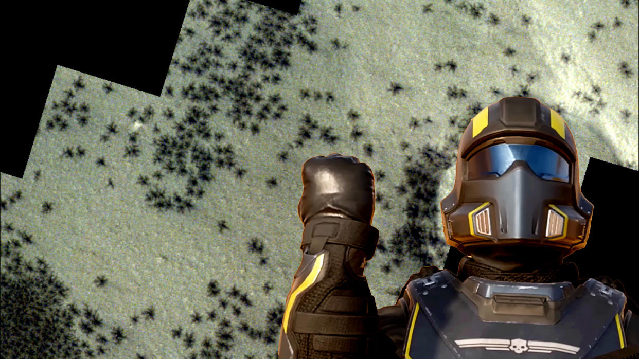  Helldivers soldier in front of satellite imagery of Mars. 