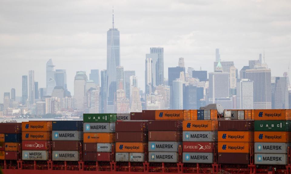 <span>A container ship sits off Manhattan while waiting for the port of Newark to reopen.</span><span>Photograph: Spencer Platt/Getty Images</span>