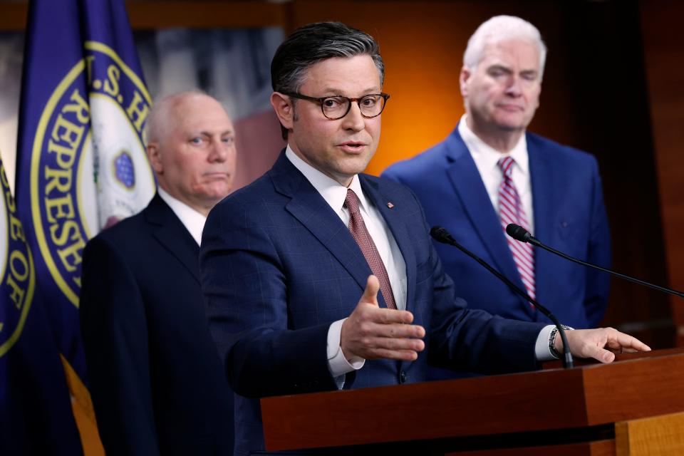 Speaker of the House Mike Johnson, R-La., (C) speaks during a news conference with Majority Leader Steve Scalise, R-La., (L) and Majority Whip Tom Emmer, R-Minn., following a closed-door caucus meeting at the U.S. Capitol Visitors Center on March 20, 2024 in Washington, DC.