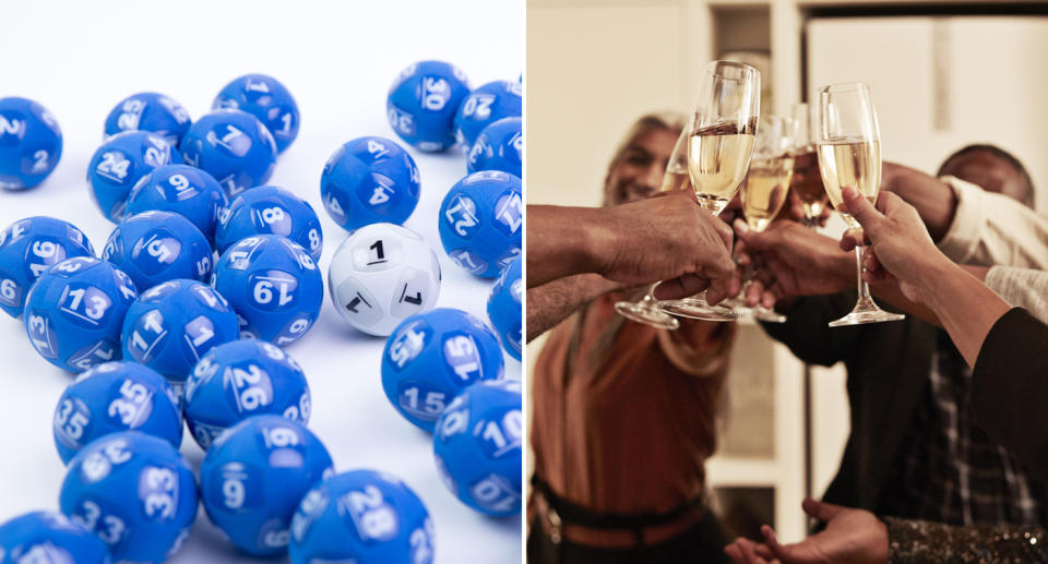 Powerball balls are pictured and people are seen celebrating with champagne glasses.