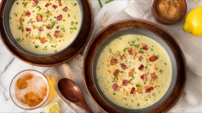 Old Bay, beer, and bacon crab soup