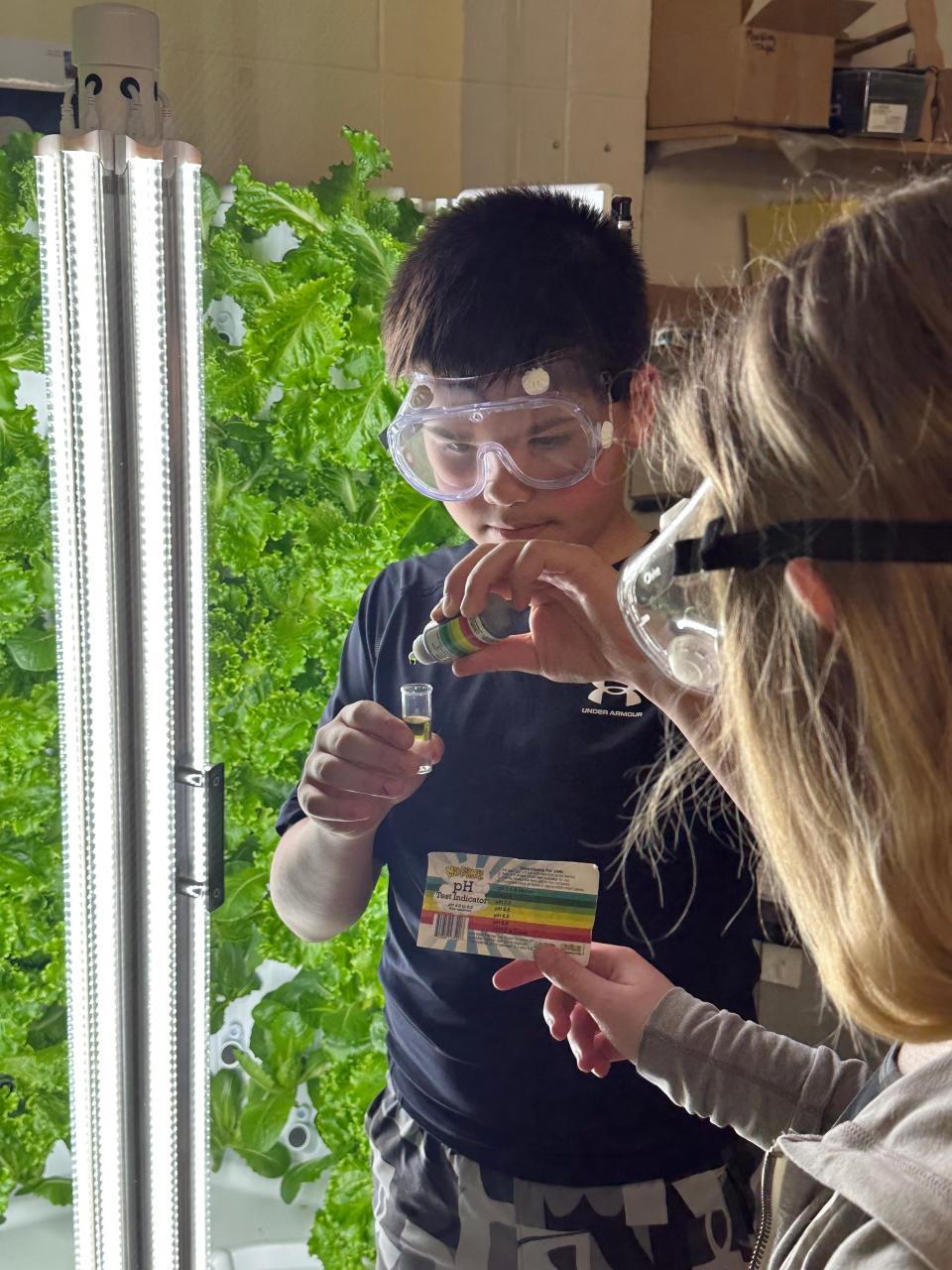 Grant Hinkfuss, a seventh-grader at Bay View Middle School in Howard, measures the water pH of a hydroponic gardening tower.